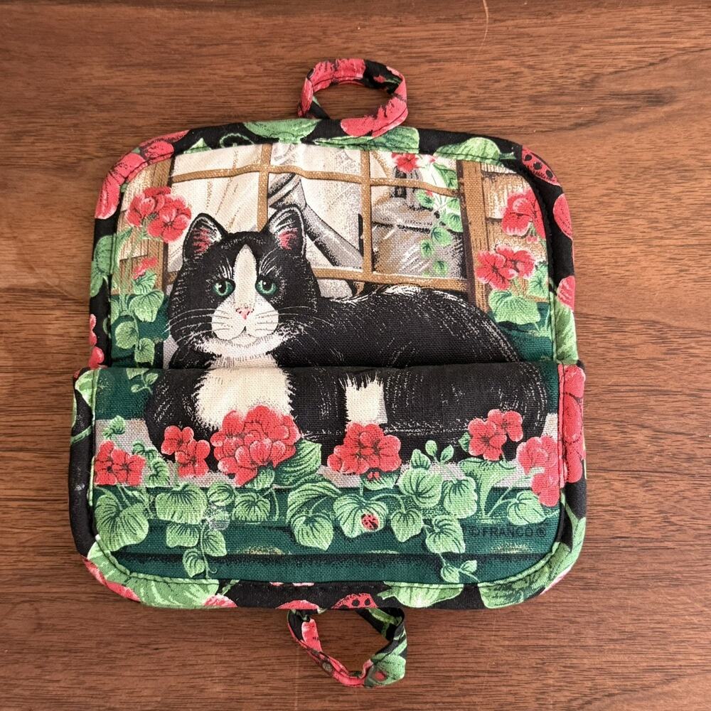 Vintage Franco Cat pot holder oven mitt black white tuxedo red flowers garden